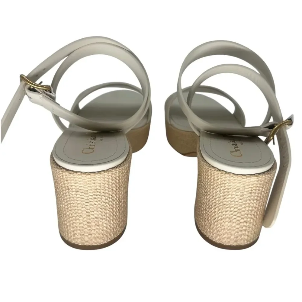 Christian Dior Leather Raffia Dway Embroidered Logo Platfrorm Sandals Beige 37